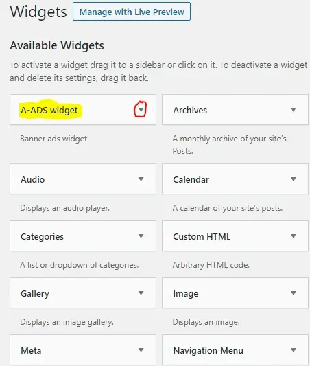 AADS Wordpress widget activation