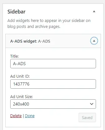 AADS Wordpress widget settings