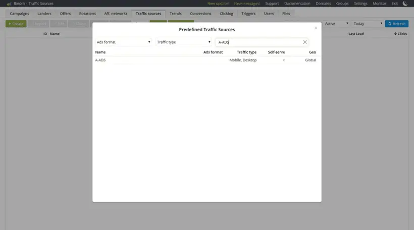 Create new traffic source in Binom