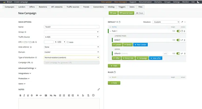 Creating campaign in Binom with earlier created traffic source and offer
