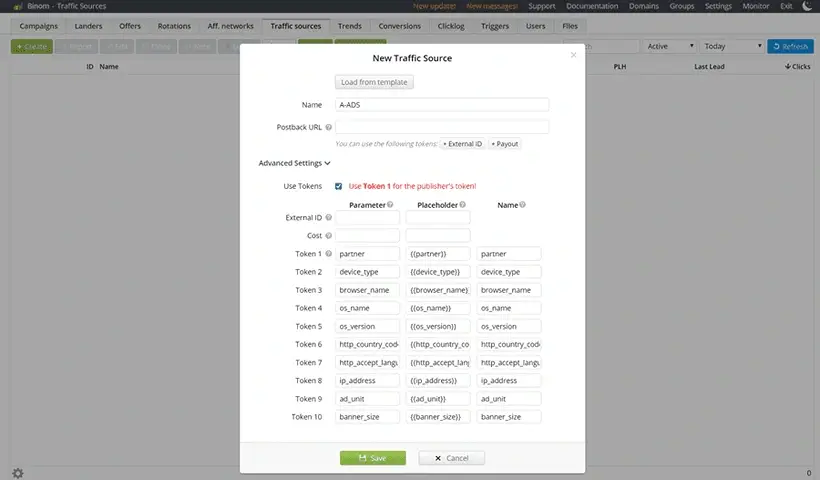 New traffic source token settings, Binom