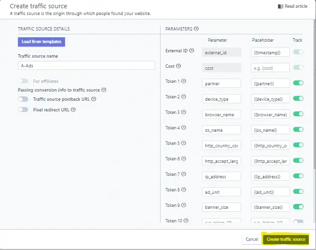 PeerClick: AADS traffic source template parameters