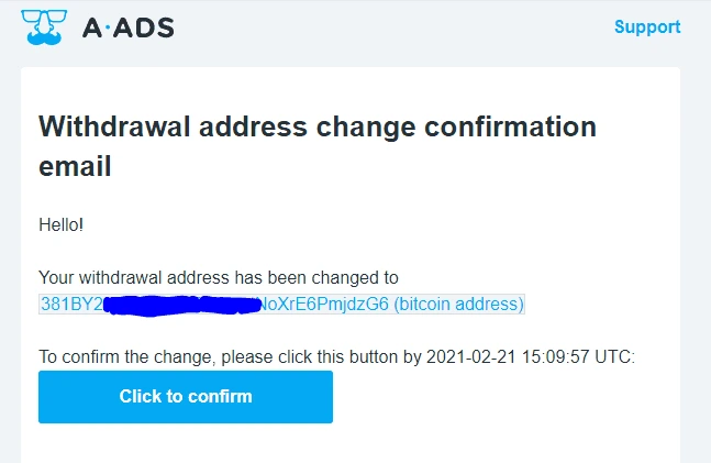 withdrawal address change email confirmation