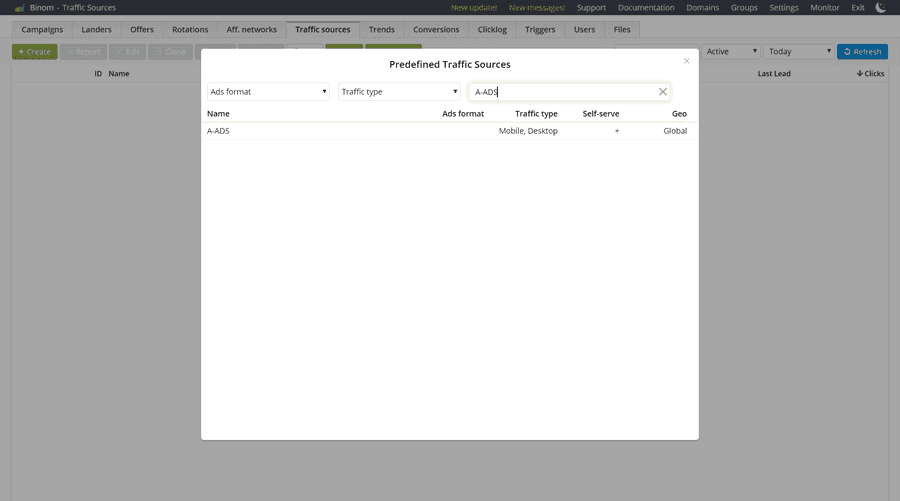 Create new traffic source in Binom