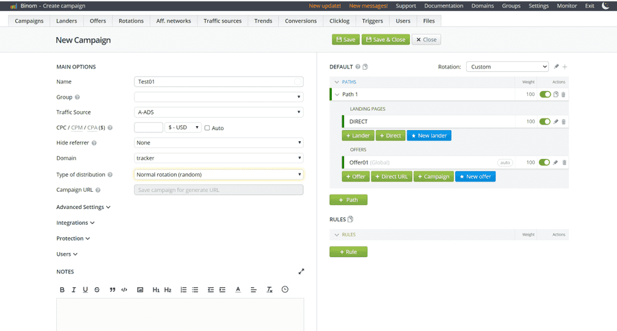 Creating campaign in Binom with earlier created traffic source and offer