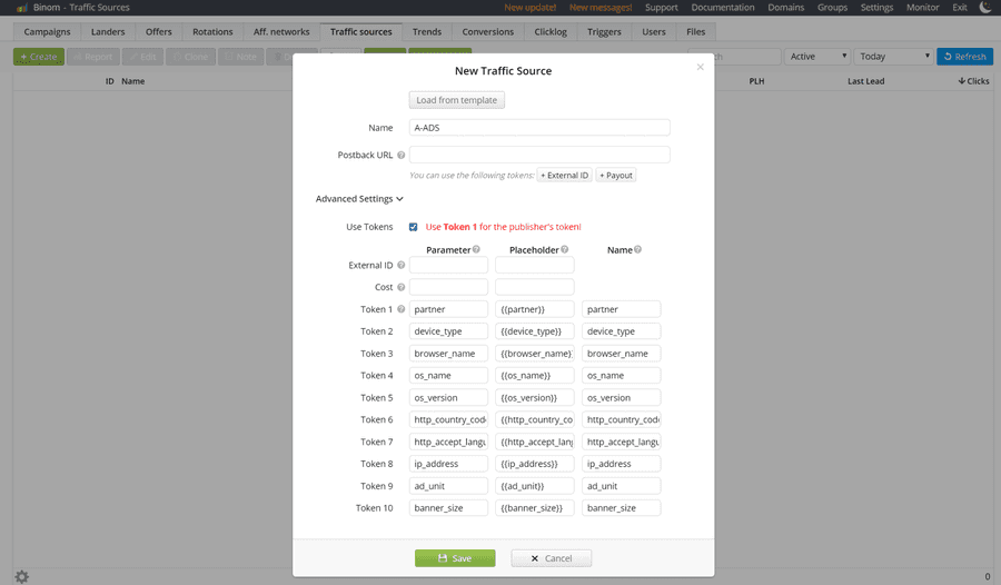 New traffic source token settings, Binom